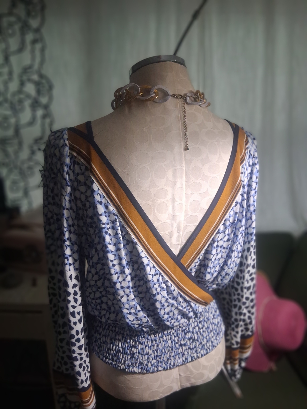 Maeva Anthropologie Women's Blue & Mustard Printed Wrap Top S/m